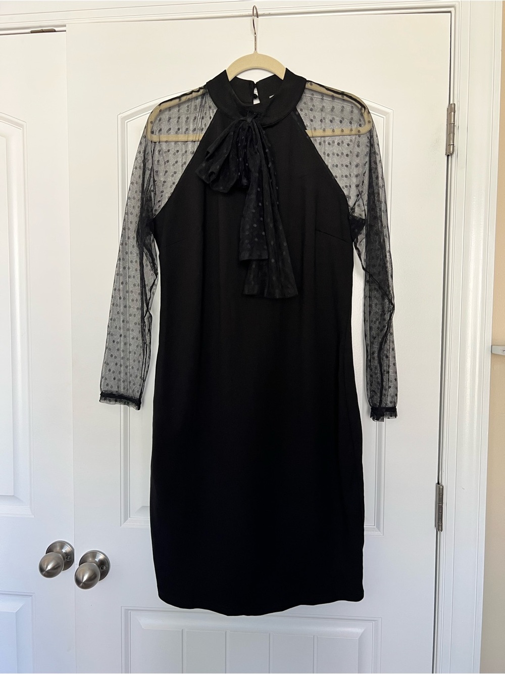 Love By Design Black Sheer Dot-Sleeve Tie-Neck‎ Midi Dress